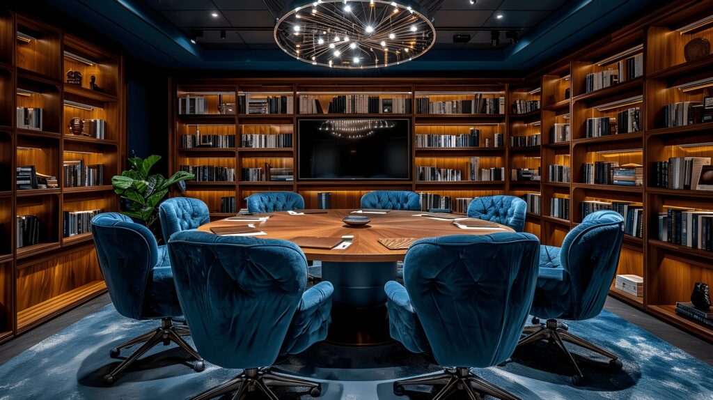 An opulent boardroom featuring plush blue chairs, a stately wooden table, and shelves filled with books.