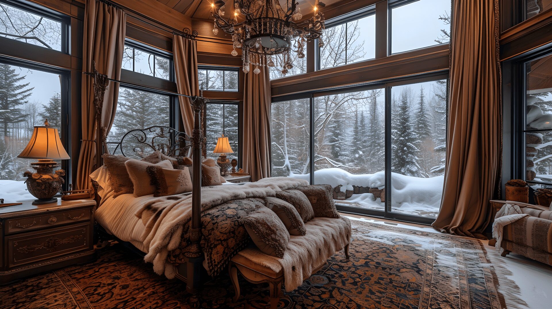 A luxurious bedroom with an opulent bed and snow-covered windows, offering a warm, wintery retreat.