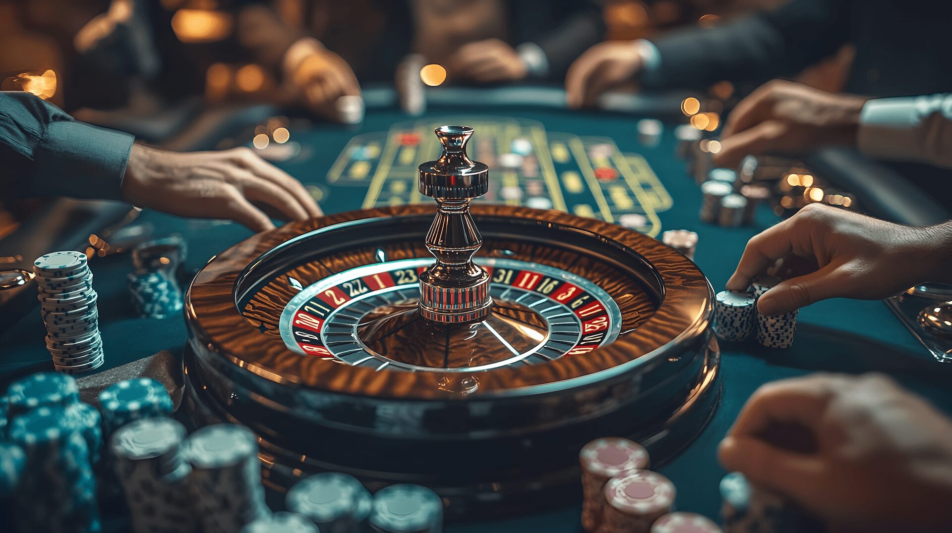 A bustling casino scene with players engaged around a spinning roulette wheel, chips stacked high.