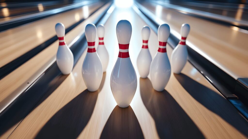 Pristine bowling pins stand ready on a gleaming lane, their red stripes and long shadows creating a striking geometric pattern.