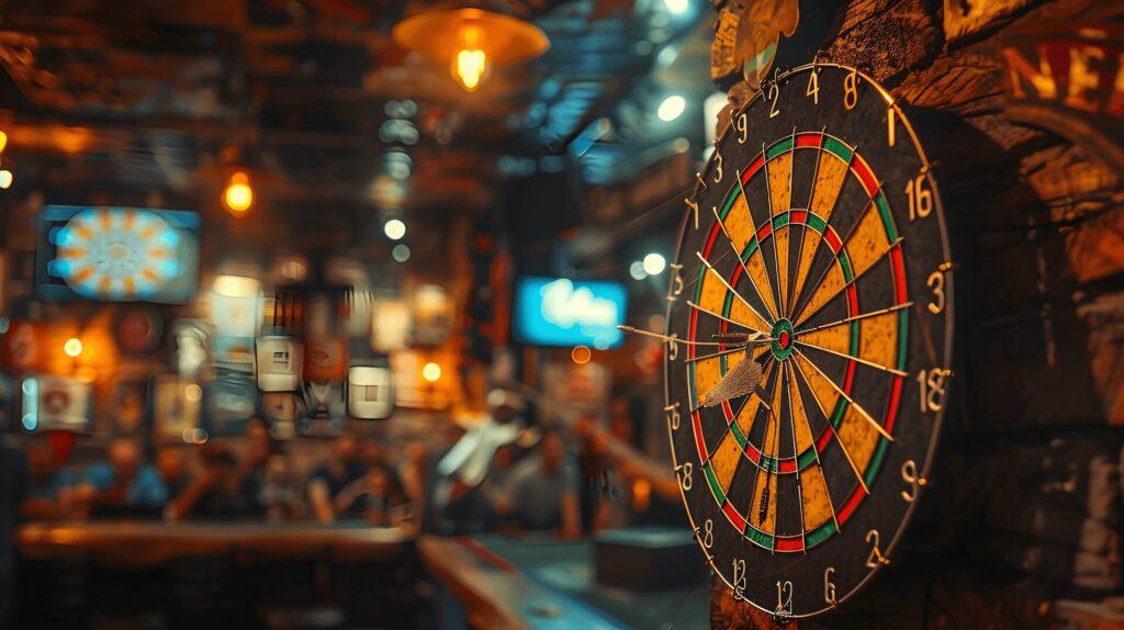 A classic dart board hanging on a wooden wall inside a cozy, dimly lit pub.