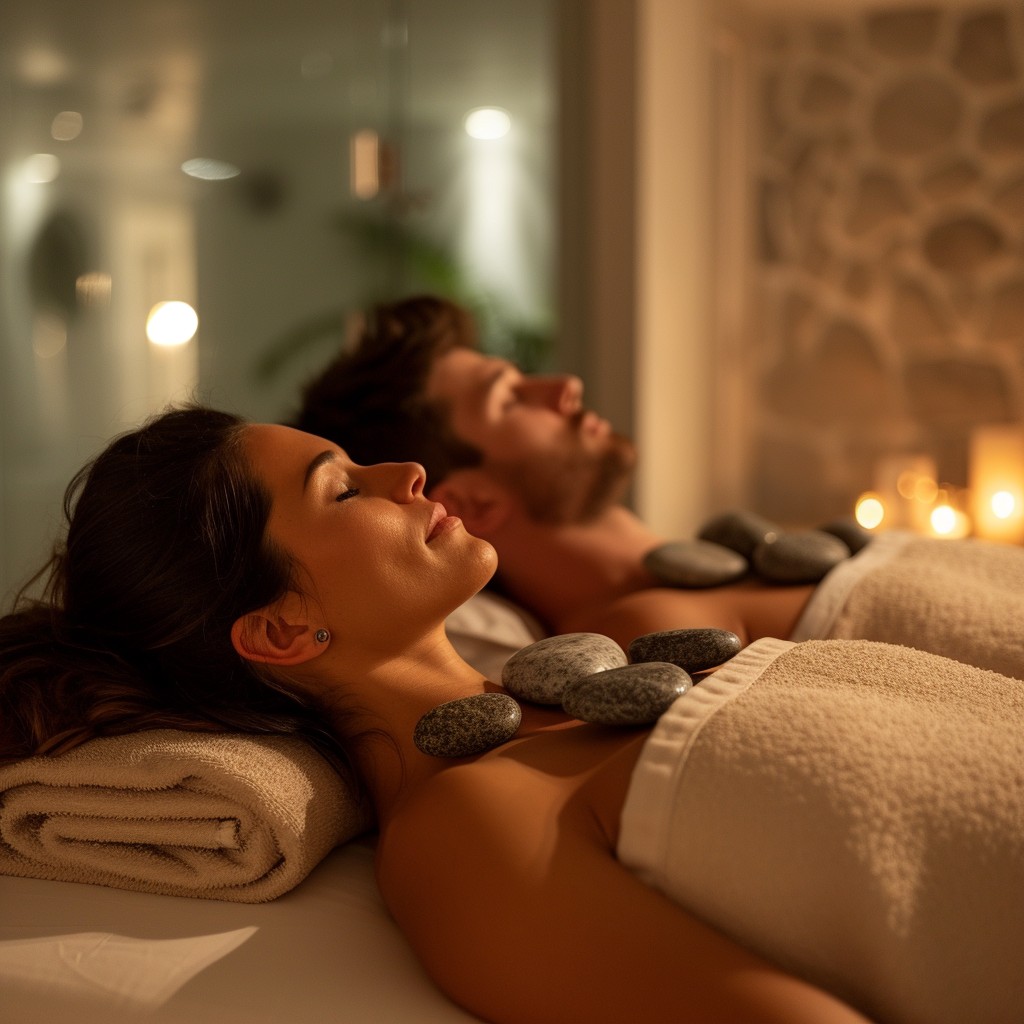 In the warm glow of candlelight, a couple unwinds in a tranquil spa setting, an embodiment of relaxation and wellness.
