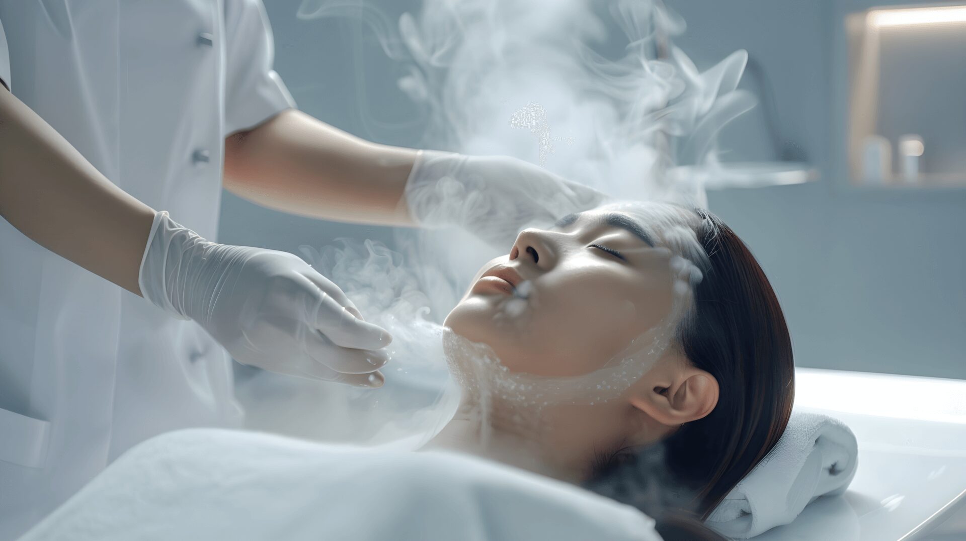 A woman in a white robe receives a skincare treatment from a technician in a spa setting.