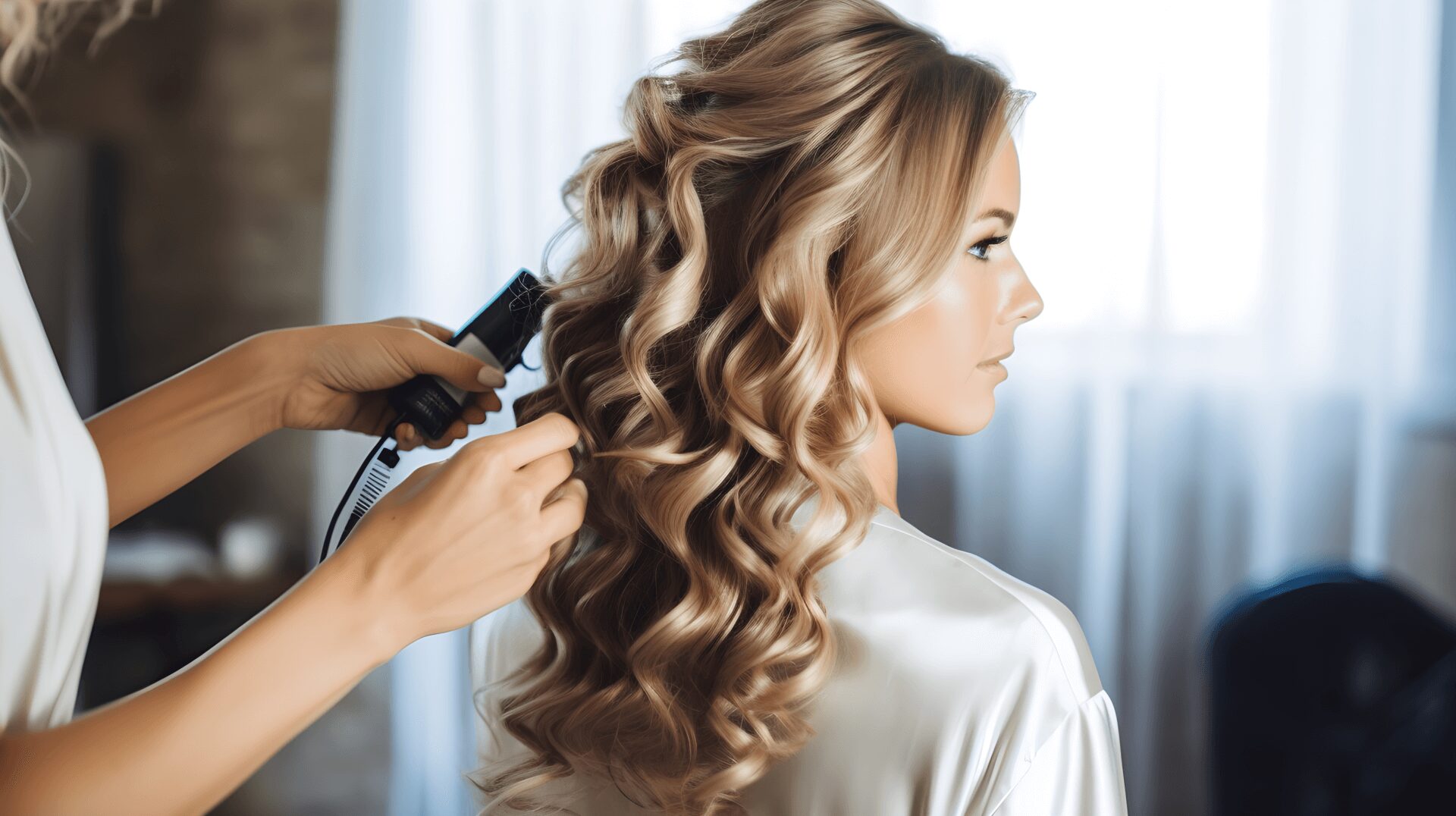 A woman in a silk robe gets her blonde hair styled with curls by a hairstylist.