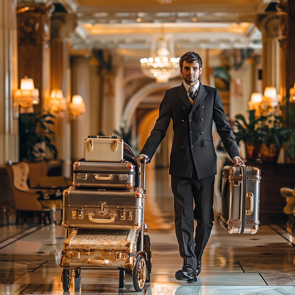 A bellhop pushes a brass cart stacked with an array of designer suitcases