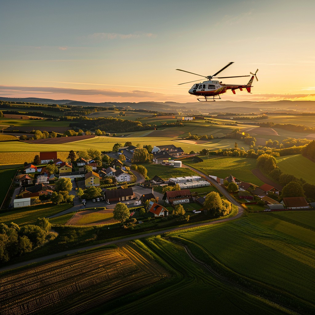 As the sun dips lower in the sky, casting a warm golden glow over the landscape, a solitary helicopter is captured mid-flight above a picturesque village.