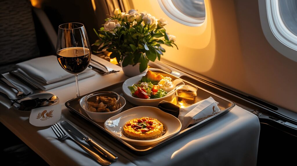luxurious inflight meal served on a tray, featuring wine, a fresh salad, and dessert.