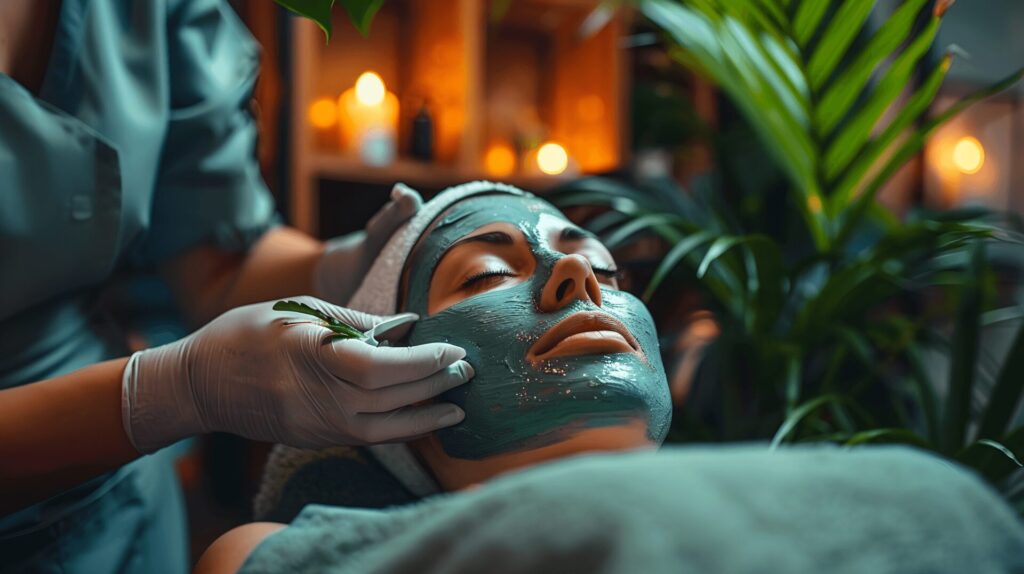 A serene setting with a woman enjoying a professional facial treatment in a luxurious spa.