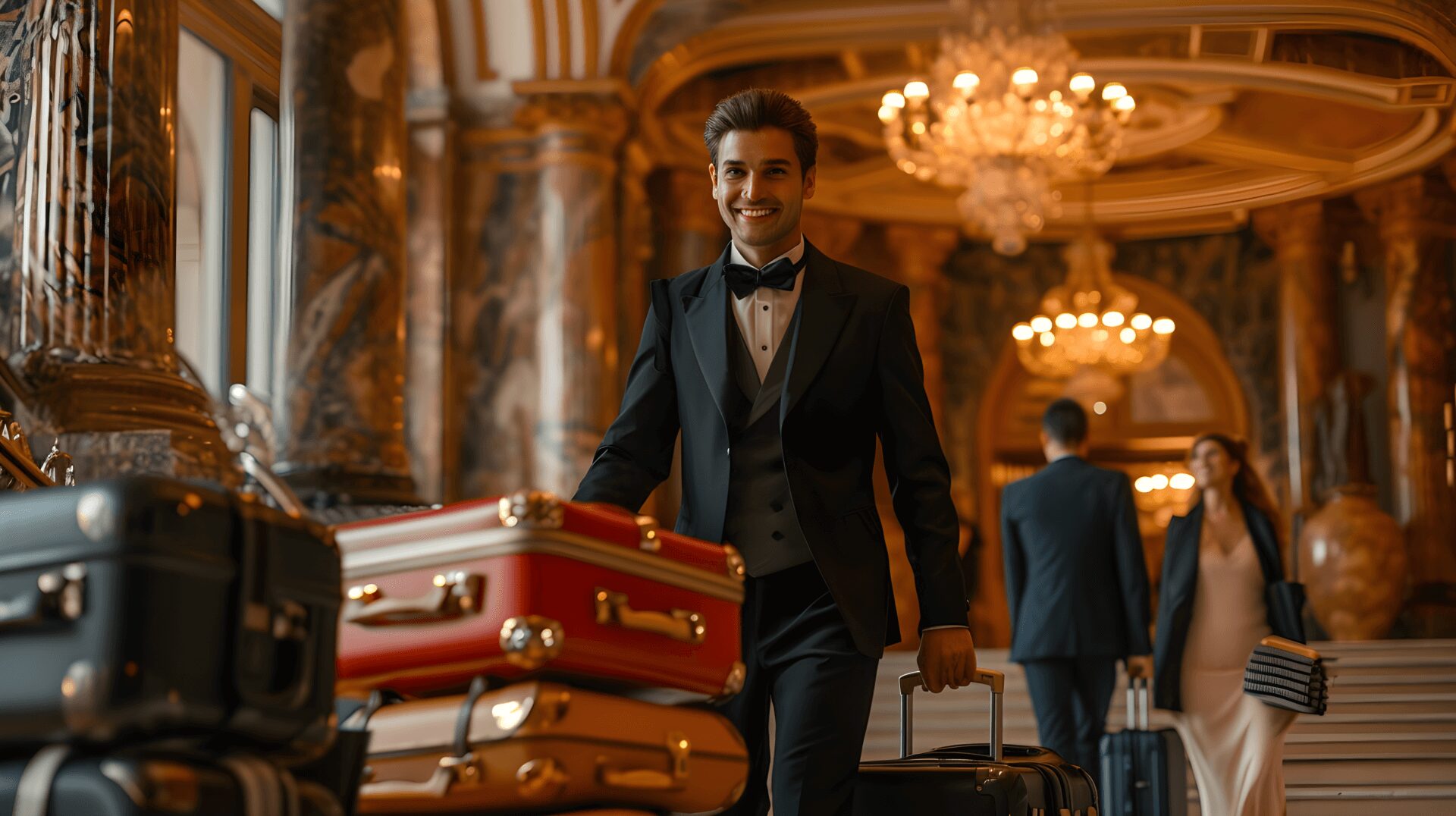 A dapper man in a tuxedo smiling as he arrives with luggage at a luxurious hotel.