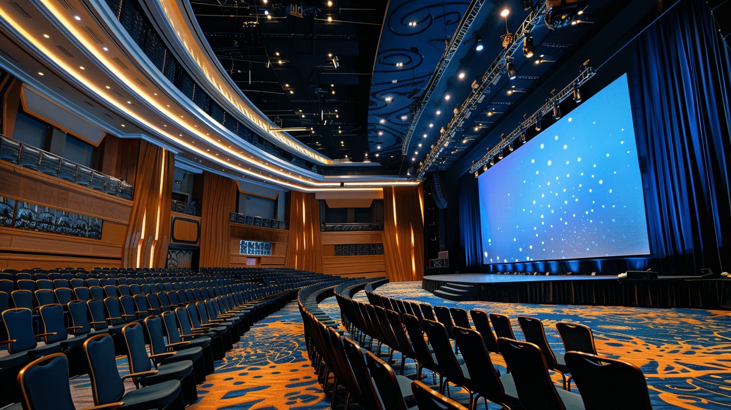 This image showcases the grand interior of a modern auditorium, characterized by its spacious design and sophisticated lighting.