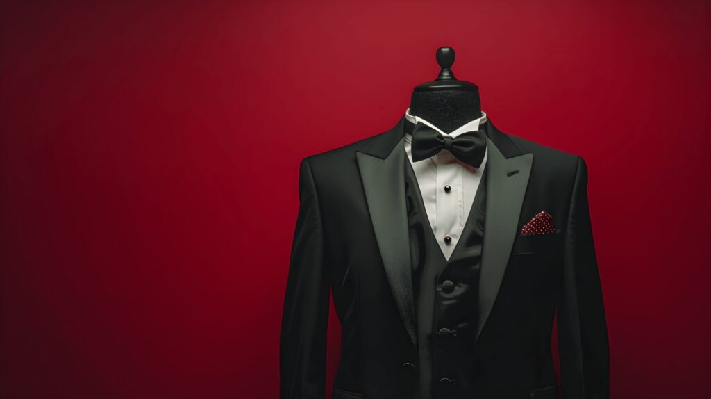 A sophisticated black suit with a white bow tie is artfully displayed against a red background.