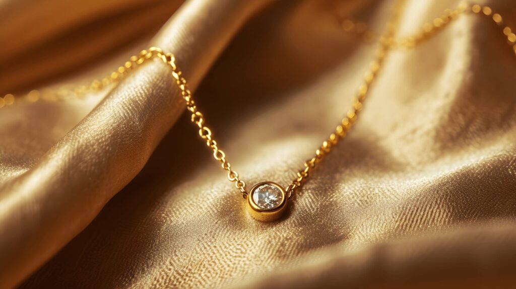 A delicate gold necklace with a solitary diamond resting on a luxurious golden satin fabric.