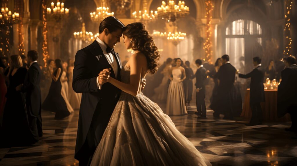 A couple elegantly dances together in a grand ballroom, surrounded by other guests beneath glowing chandeliers.
