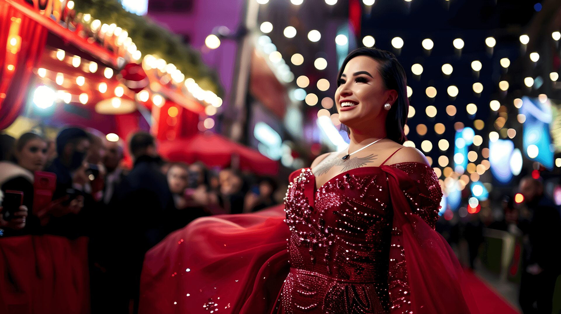 Joyful woman in a stunning red dress smiles at a glamorous gala event.