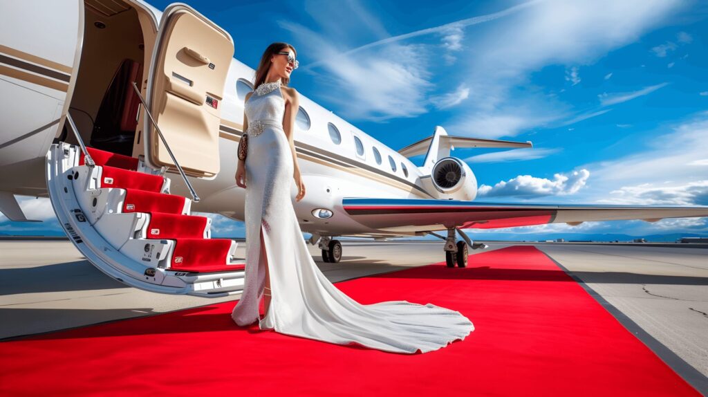 A woman in an exquisite white gown descends a private jet's stairs onto a red carpet.