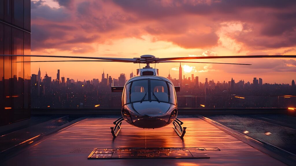 A solitary helicopter sits on a rooftop helipad against the backdrop of a sunset-lit city skyline.