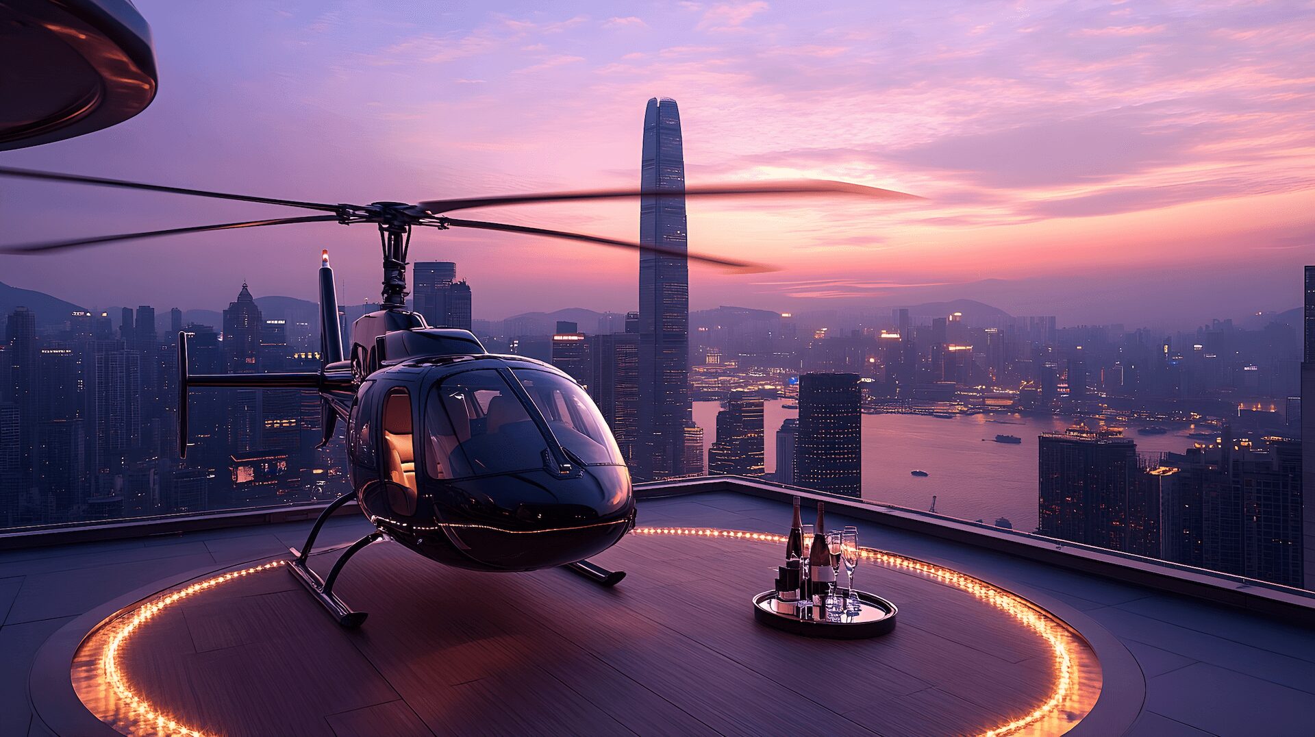 A helicopter lands on a city rooftop during a stunning sunset, overlooking a bustling skyline.