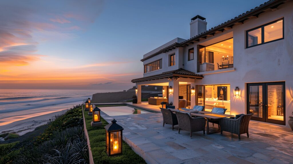 Luxurious beachfront villa basks in the glow of a breathtaking sunset, offering a serene escape.