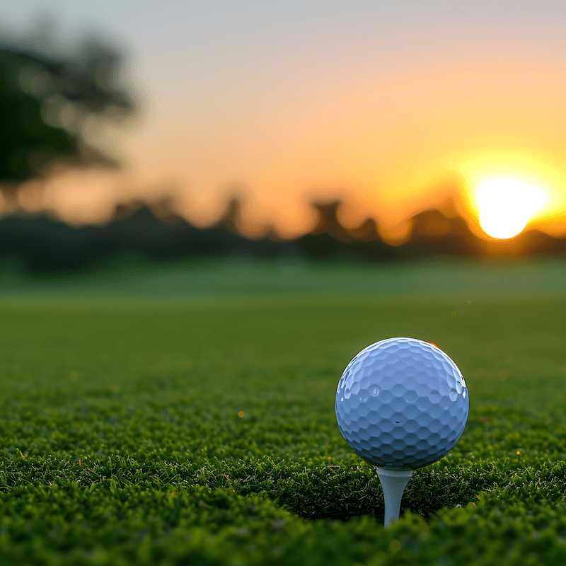 Close-up of a golf ball on the course at sunset.