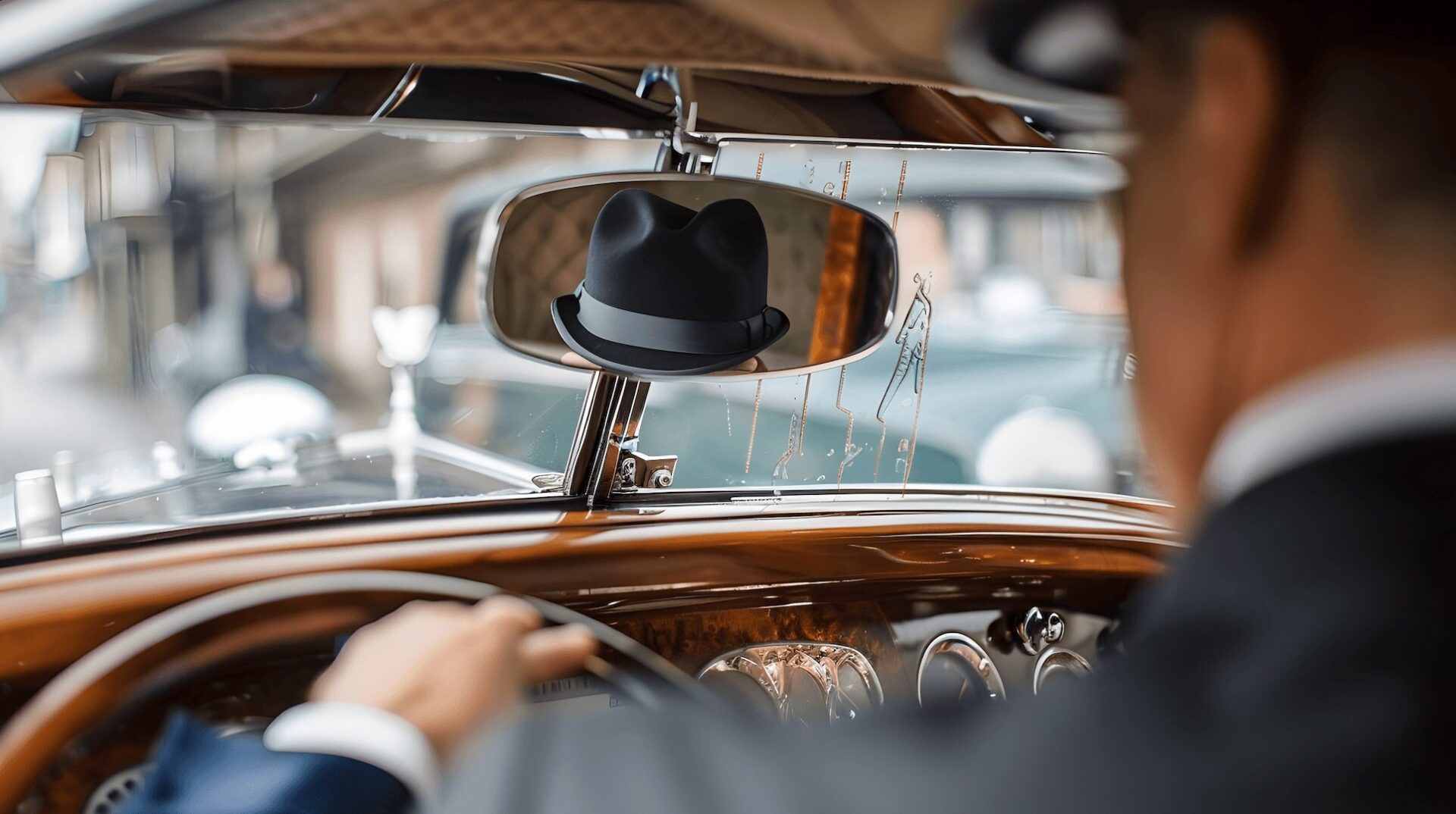 A man in a suit driving a classic car, with a hat visible in the rearview mirror.