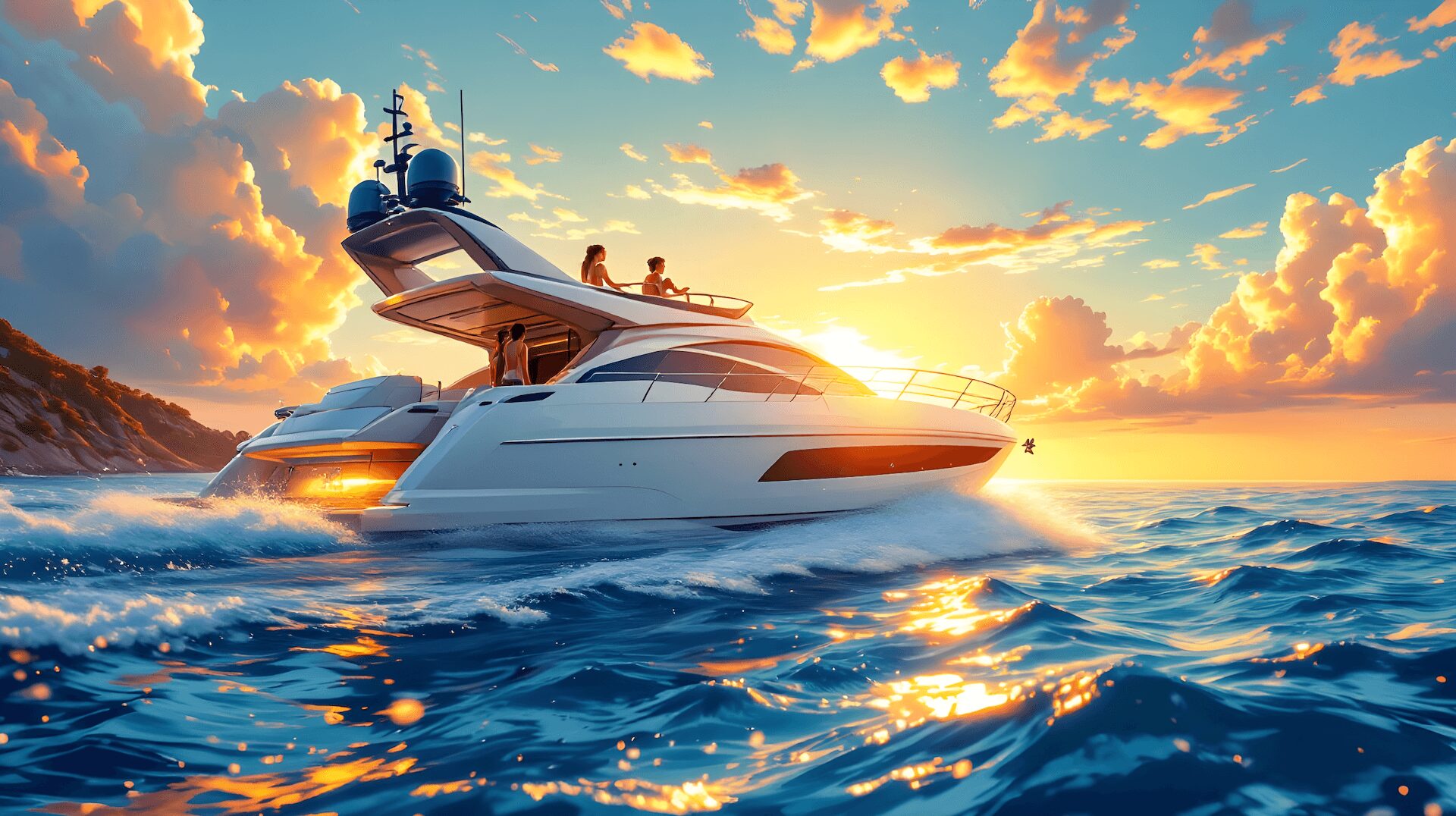 Sleek white yacht glides through crystal waters under a dramatic golden sunset, creating magnificent ocean spray