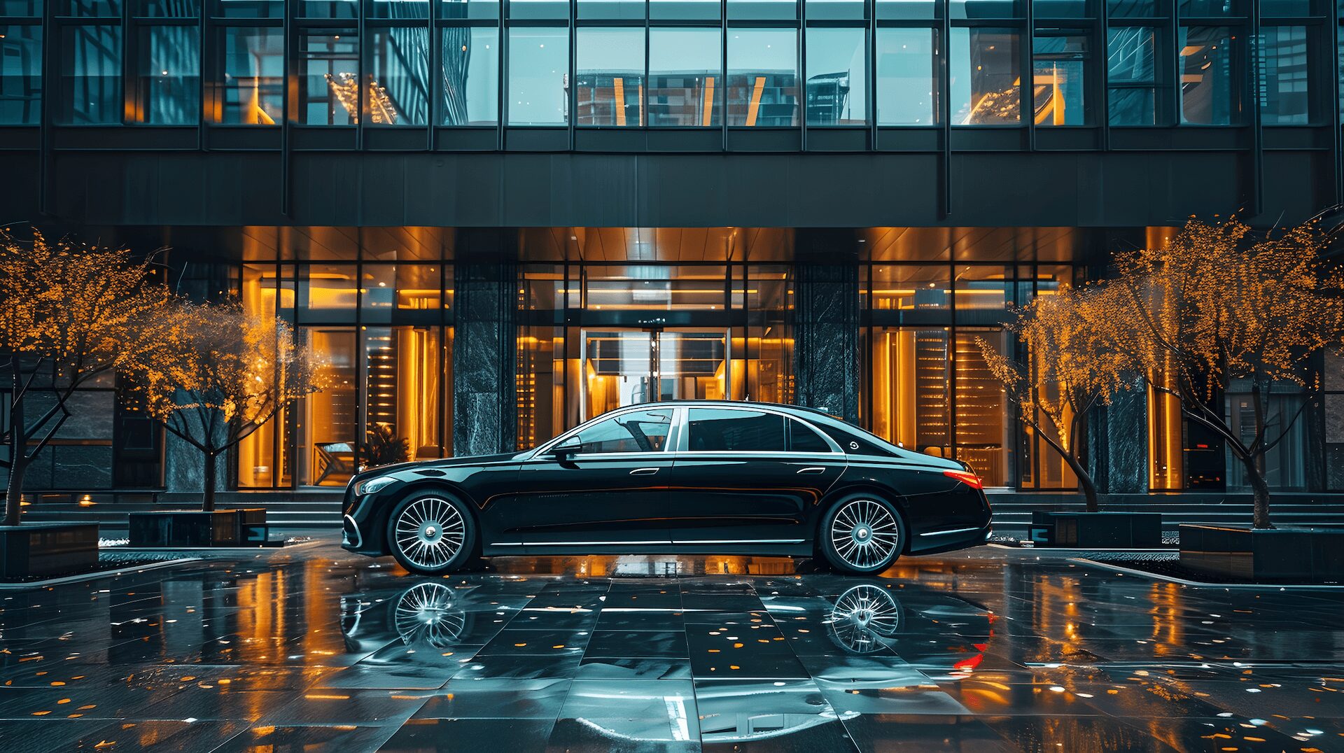 Luxury black limousine parked in front of elegant building at night