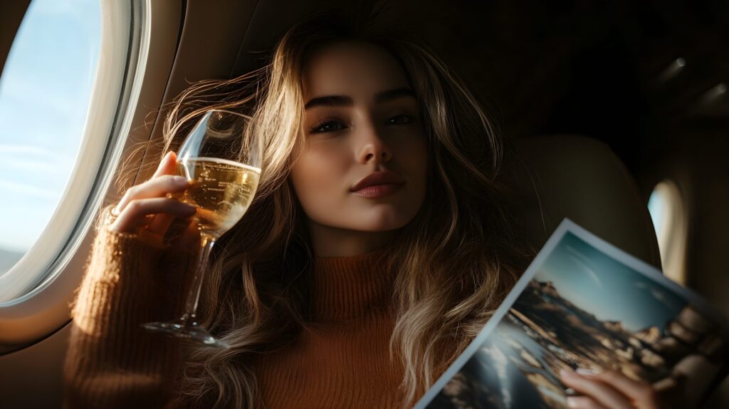 A woman seated comfortably inside a private jet cabin, enjoying first-class amenities during her flight.