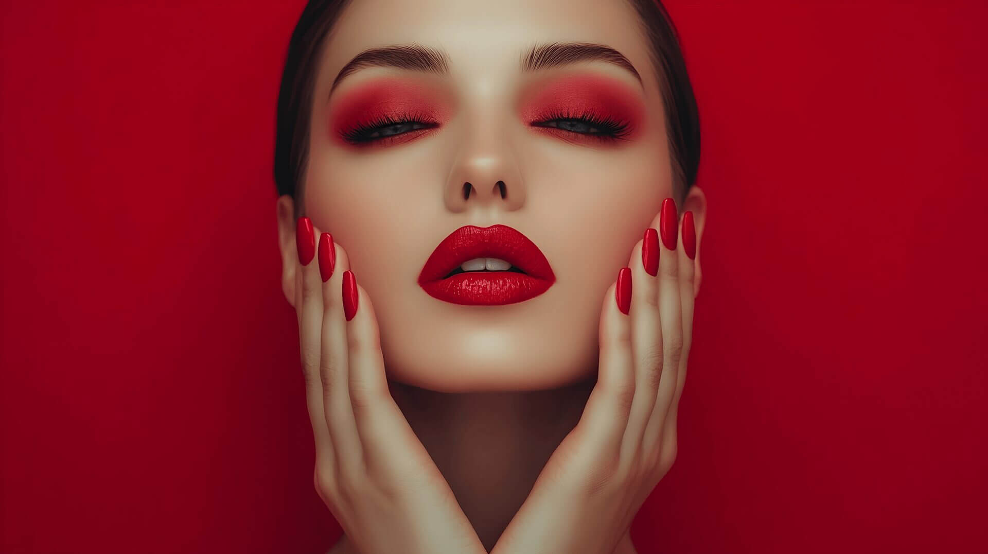 A woman with striking red makeup and nails exudes elegance and bold beauty on a red backdrop