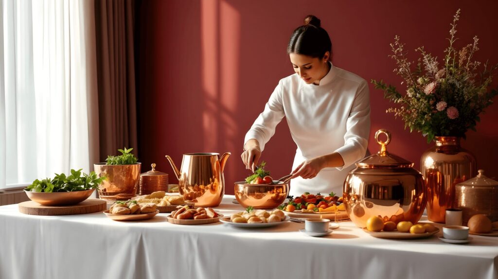 Hotel staff member in uniform prepares breakfast behind a buffet counter.