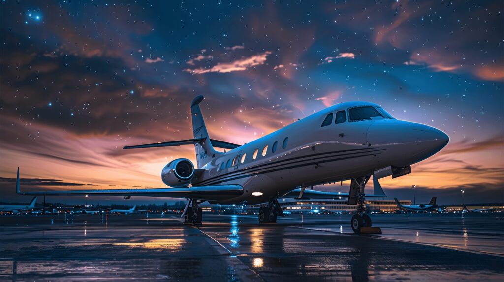 A private jet parked on a wet tarmac under a breathtaking twilight sky filled with stars.