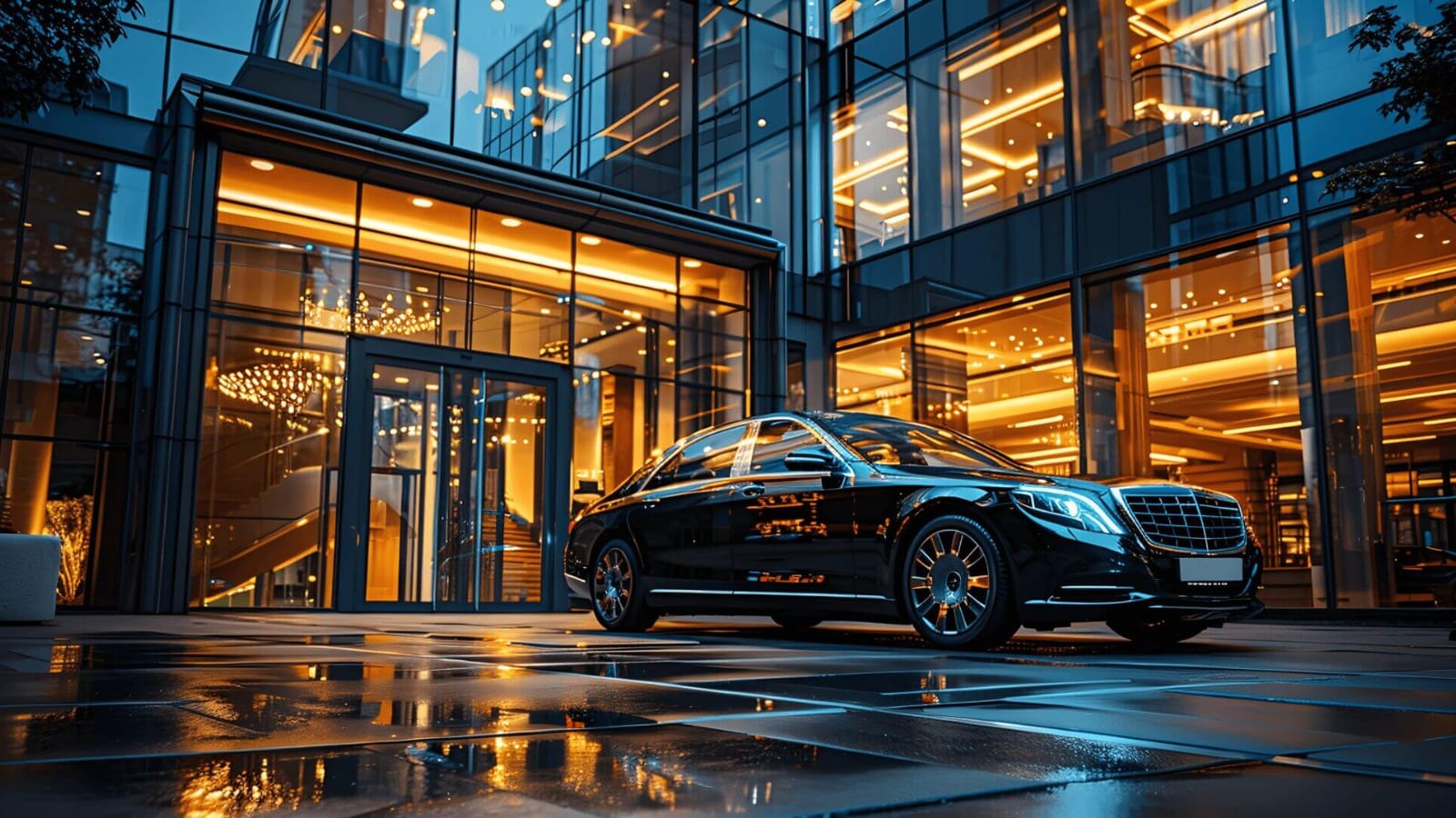 A luxurious black car parked in front of a modern building illuminated by golden lights.