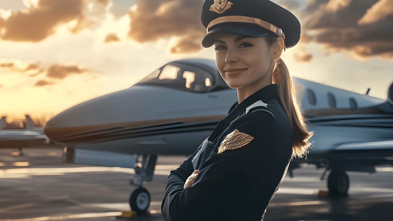 An elegant female private jet captain smiling at passengers as they prepare to embark for their air transfer.