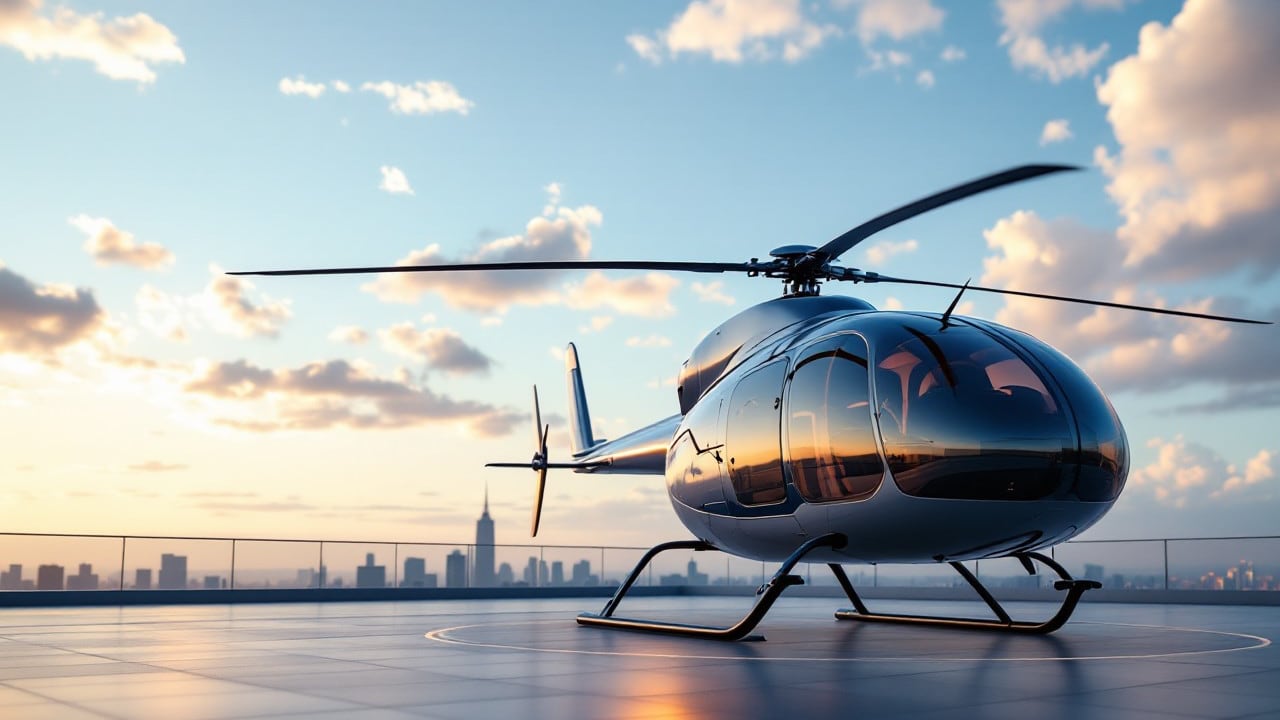 High-tech helicopter landed on a helipad at sunrise, with a blue sky in the background.