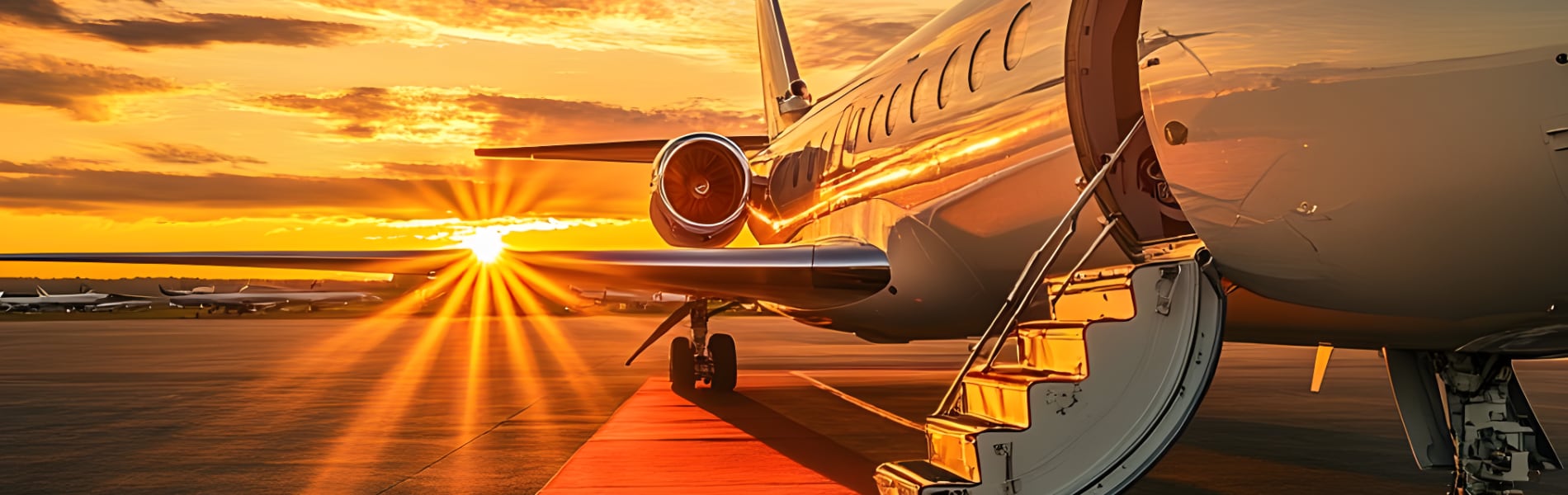 Open door of a private airplane with a ladder set for disembarking during dusk.