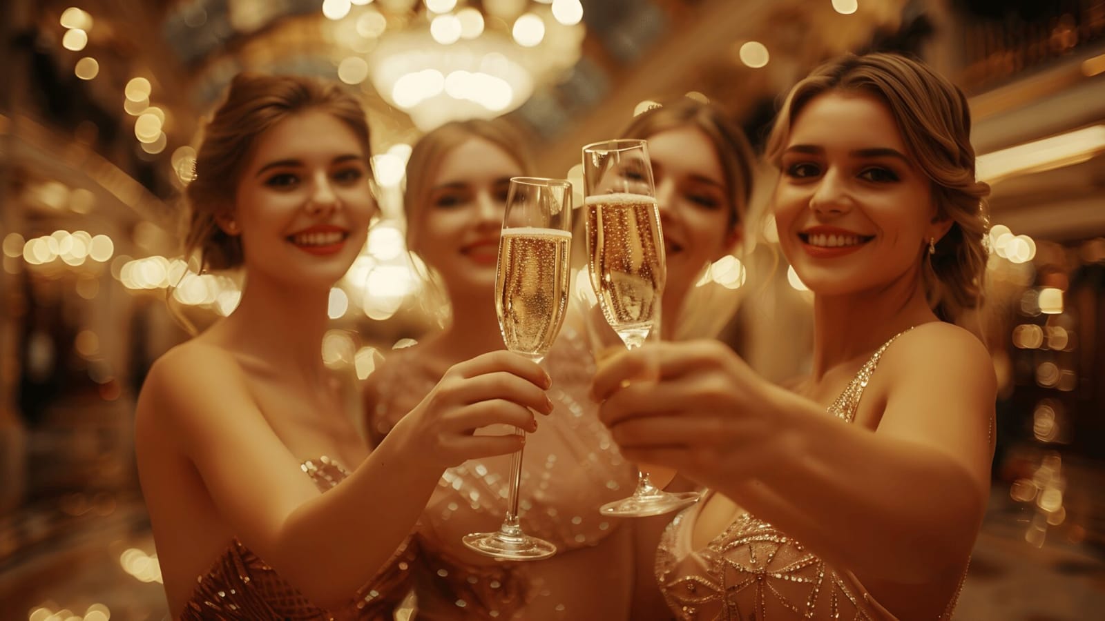 Four women, dressed in elegant evening attire, cheerfully toasting with champagne glasses at a grand event.