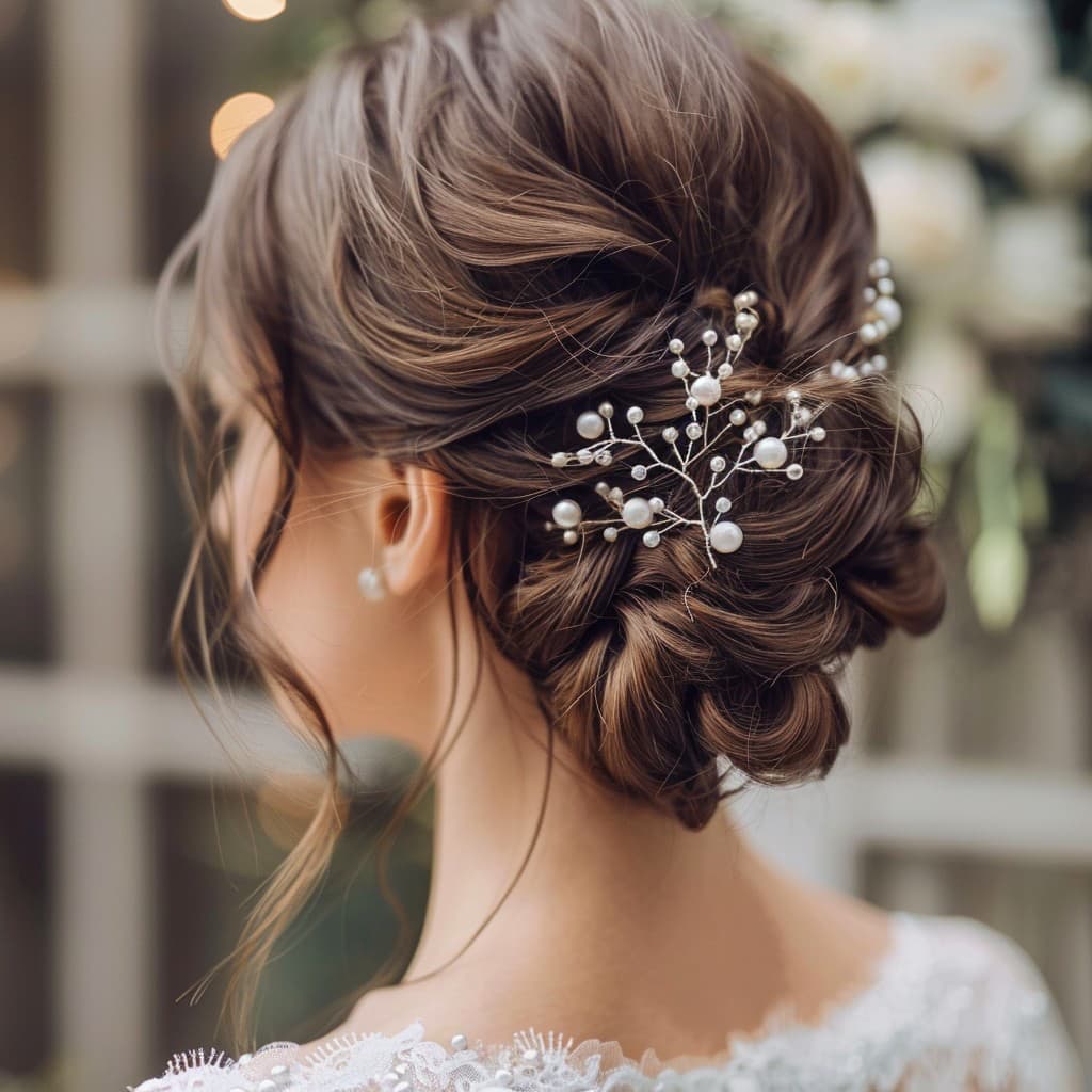 Bride in a salon with an elegant curly updo and sparkling floral hairpiece, preparing for her wedding day.