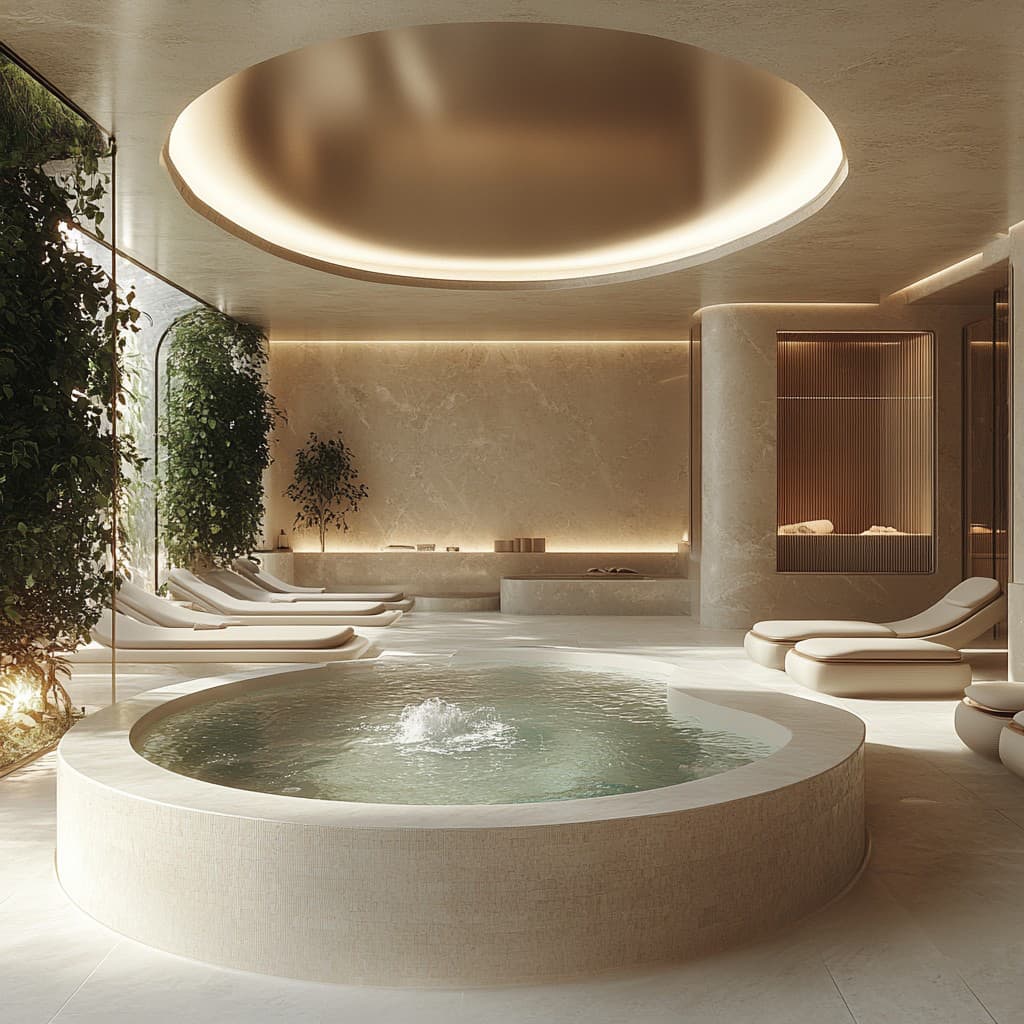 Luxurious indoor spa with natural stone pool, warm lighting, and soft lounge chairs in a serene, modern setting.