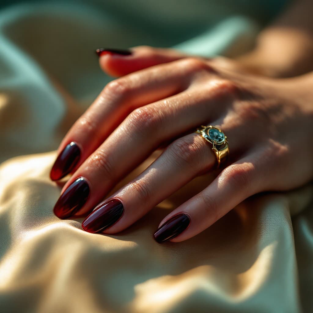 Hands with glossy deep burgundy nails rest on champagne silk, lit dramatically against a soft teal background, highlighting a polished, elegant manicure in a cinematic, fashion-forward style.