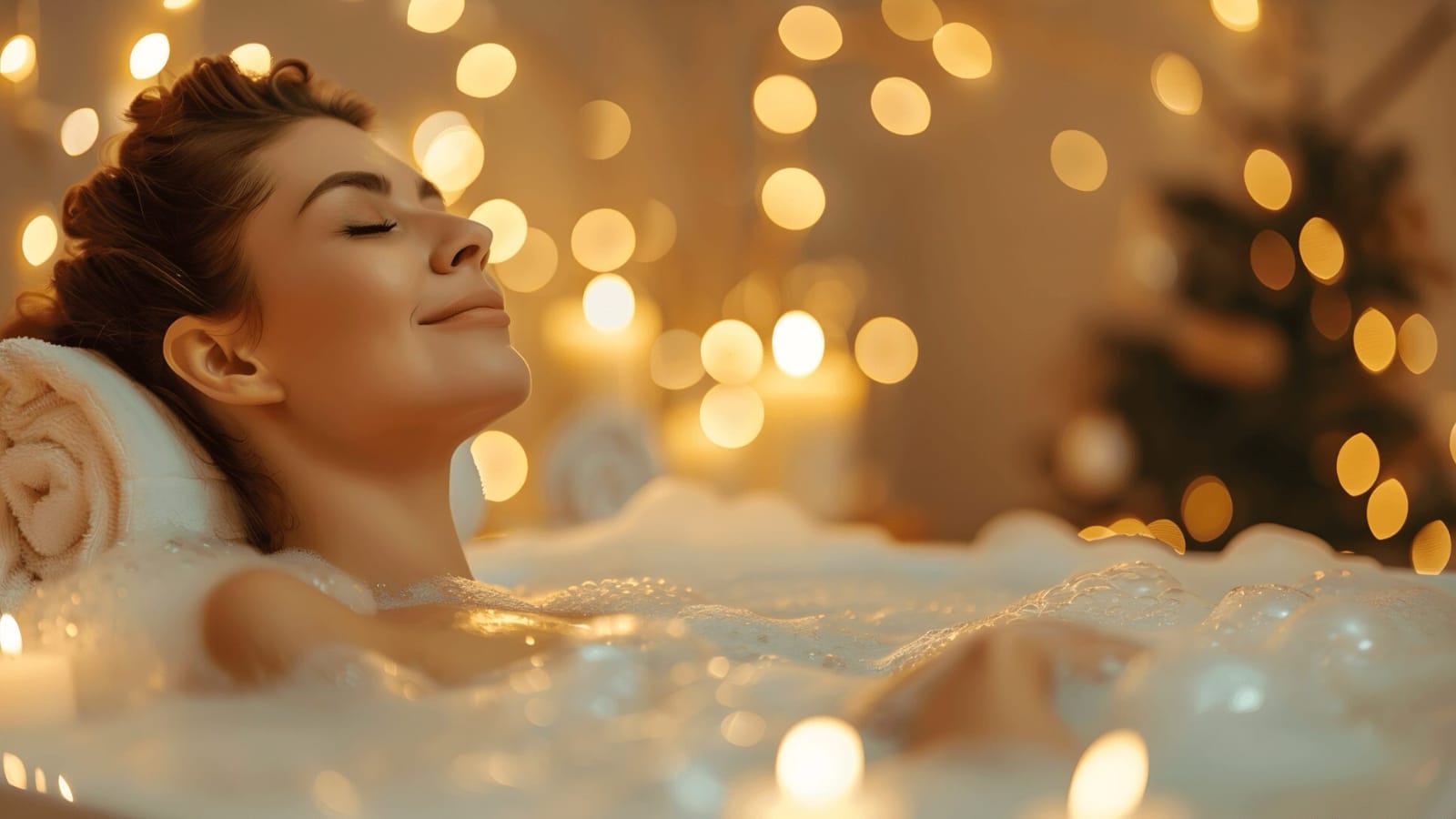 Serene moment captured of a woman enjoying a bubble bath surrounded by warm glowing lights.
