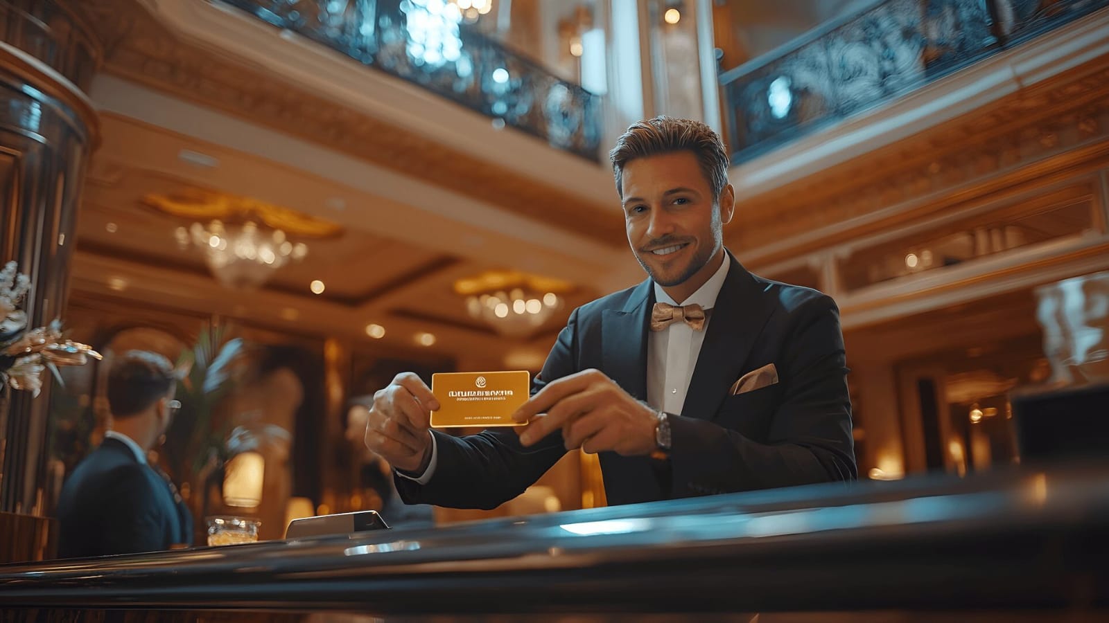 Smiling concierge in a luxurious hotel lobby extends a golden key card to welcome guests.