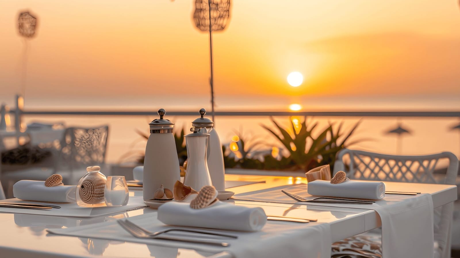 Outdoor luxury dinner setting with white tableware in a gentle late-afternoon breeze, salt and pepper shakers in close-up, and a glowing sunset on the horizon.