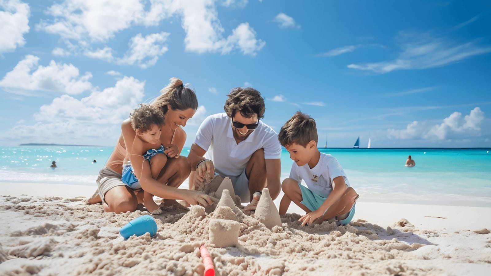 A happy family enjoys a sunny beach day, building sandcastles by the turquoise ocean together.