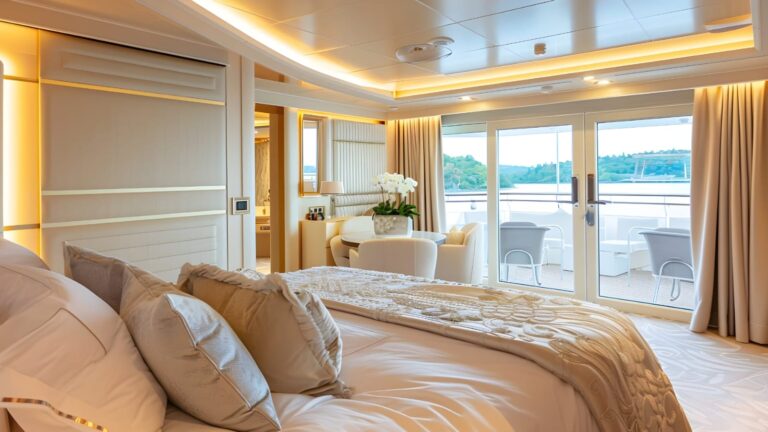 This image showcases a beautifully appointed cabin suite, boasting modern elegance and comfort. The room is bathed in soft, warm lighting that highlights the plush bedding, tasteful furnishings, and the large windows that offer a stunning view of the tranquil surroundings.