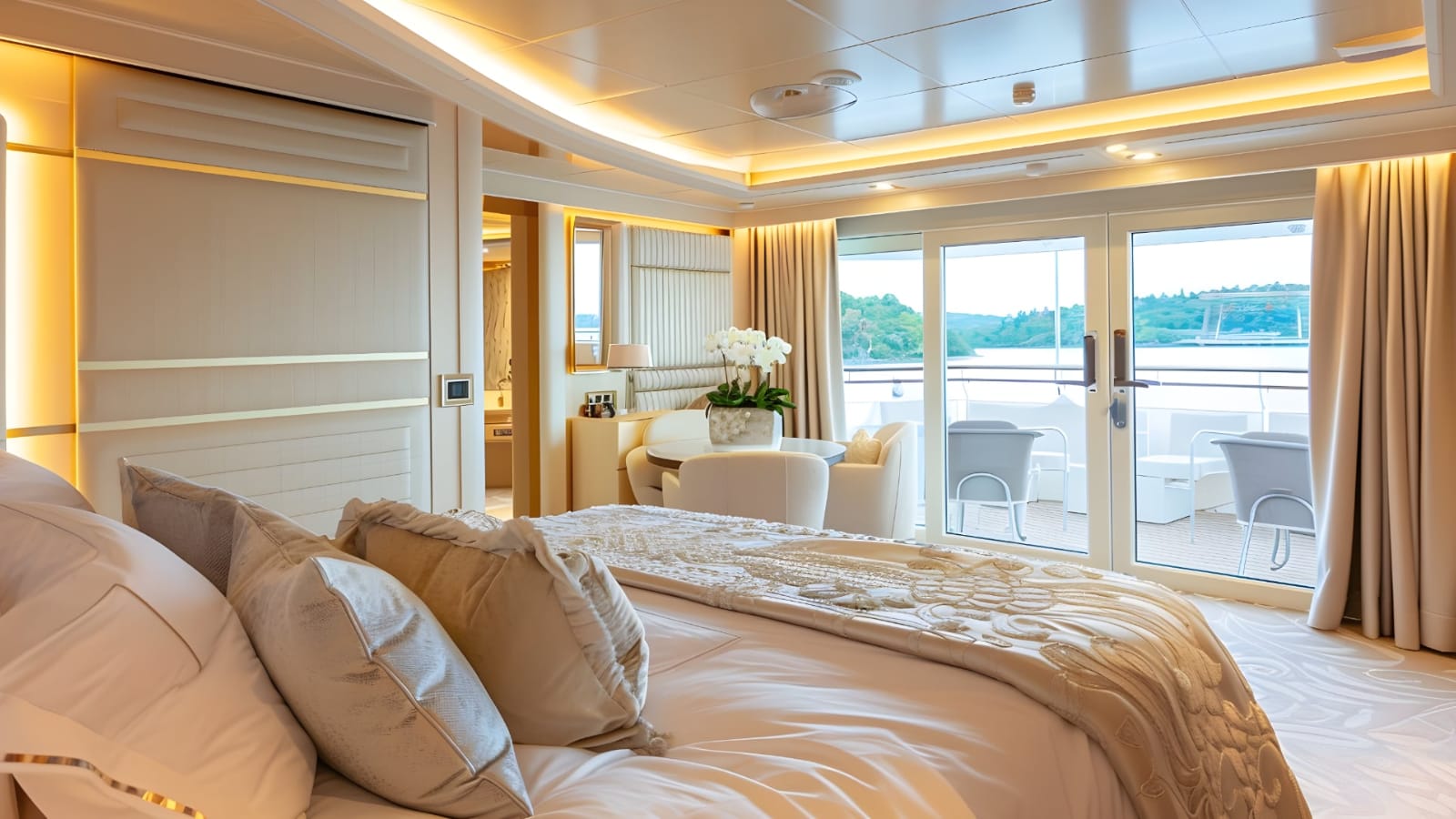 This image showcases a beautifully appointed cabin suite, boasting modern elegance and comfort. The room is bathed in soft, warm lighting that highlights the plush bedding, tasteful furnishings, and the large windows that offer a stunning view of the tranquil surroundings.