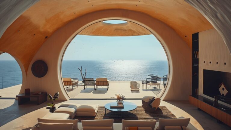 Interior of a coastal villa living room with floor-to-ceiling windows overlooking the open sea, sunlight casting soft shadows across earth-toned walls and elegant, minimalist furniture.