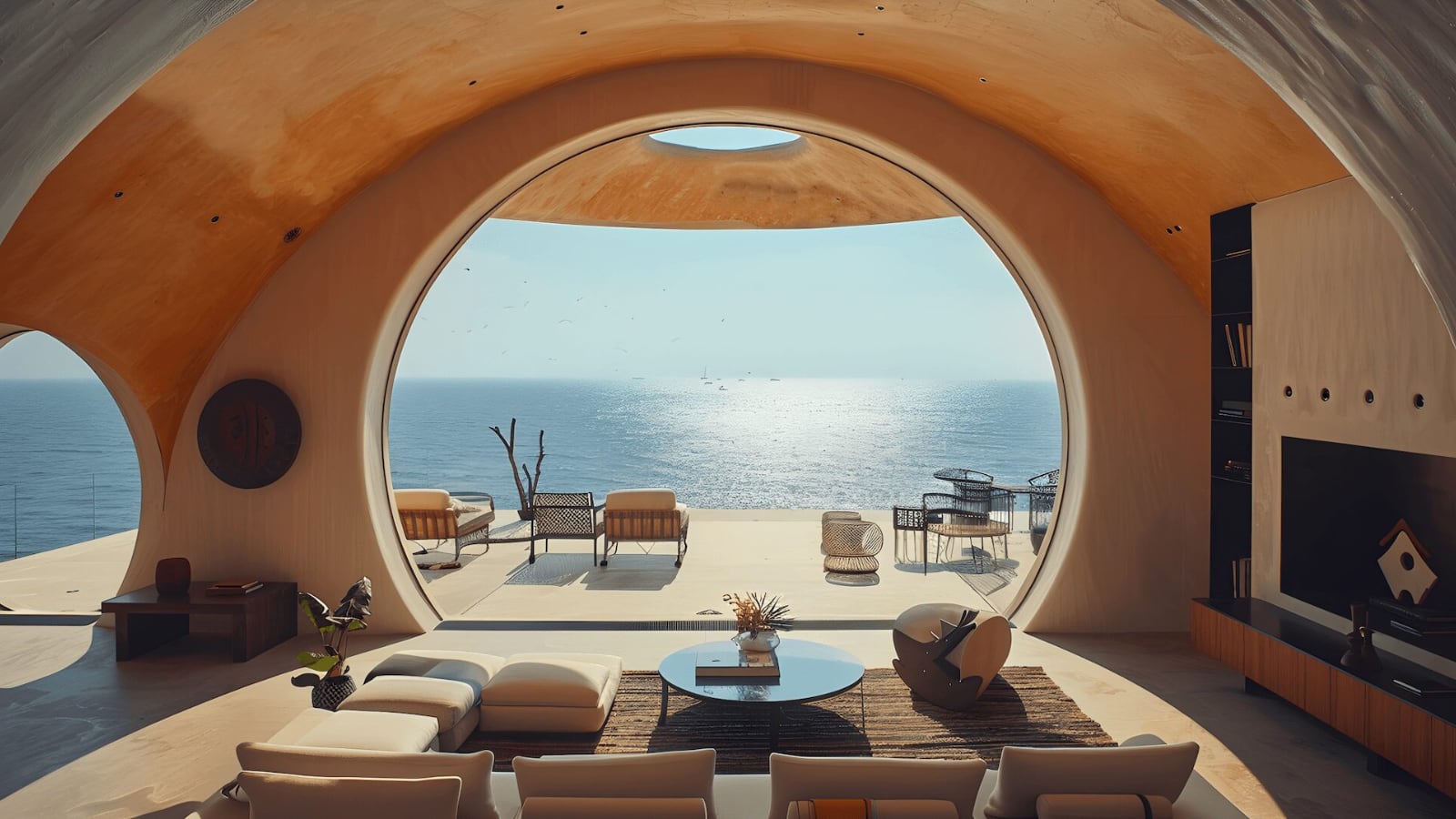 Interior of a coastal villa living room with floor-to-ceiling windows overlooking the open sea, sunlight casting soft shadows across earth-toned walls and elegant, minimalist furniture.