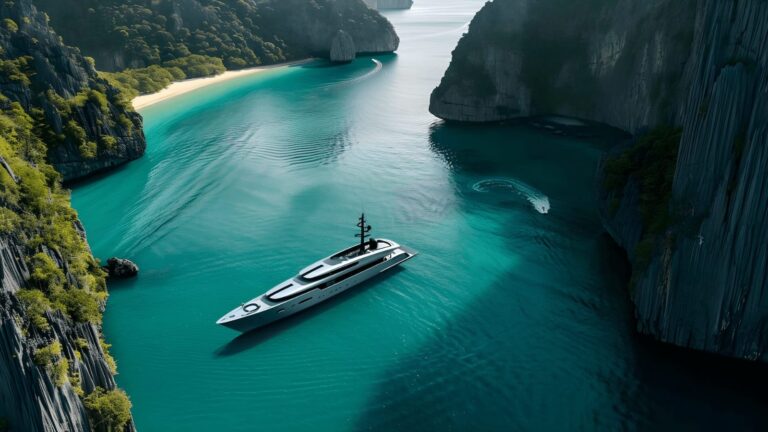 A luxury yacht floats in a serene turquoise bay surrounded by steep lush green cliffs on a sunny day.