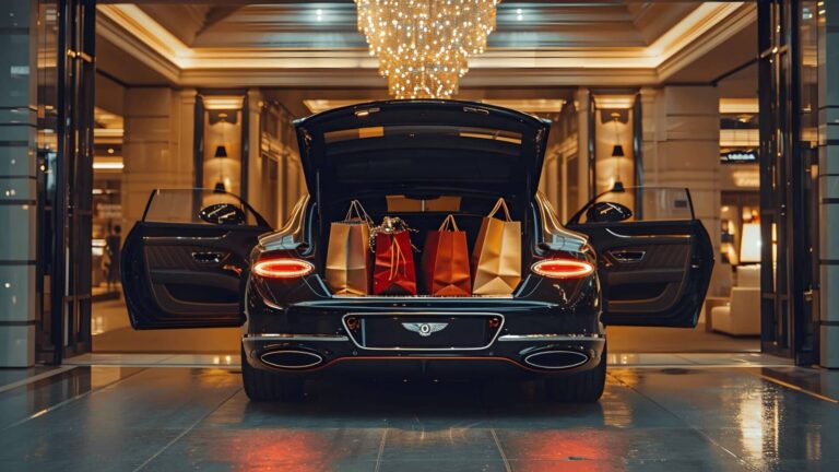 A luxurious car loaded with colorful shopping bags parked in an opulent mall lit by chandeliers.