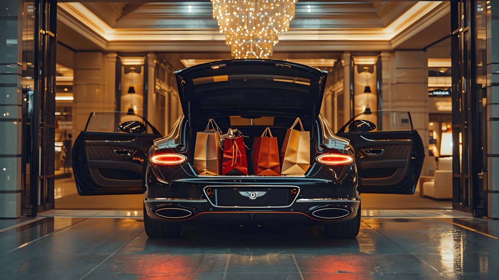A luxurious car loaded with colorful shopping bags parked in an opulent mall lit by chandeliers.