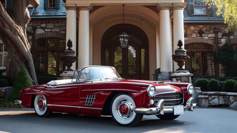 Classic red Mercedes parked outside an elegant society club, framed by the grand entrance of a neoclassical building with refined architectural details.